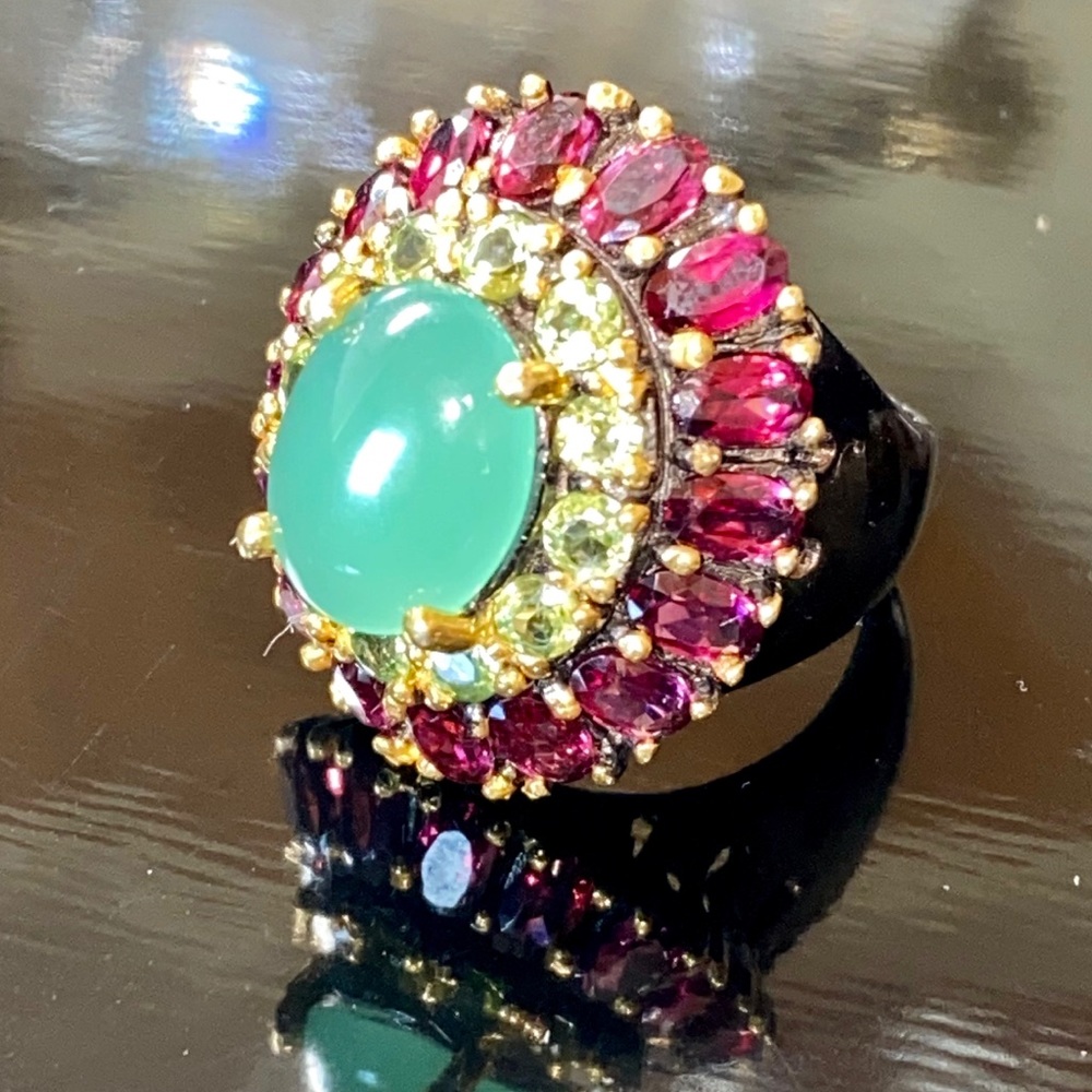 Exquisite Genuine Chrysoprase Ring with Gemstones
